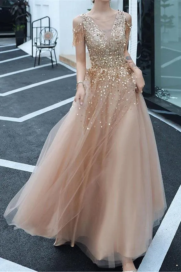 A-line Evening Dress Beading Prom Dress Formal Evening Gown Sparkly