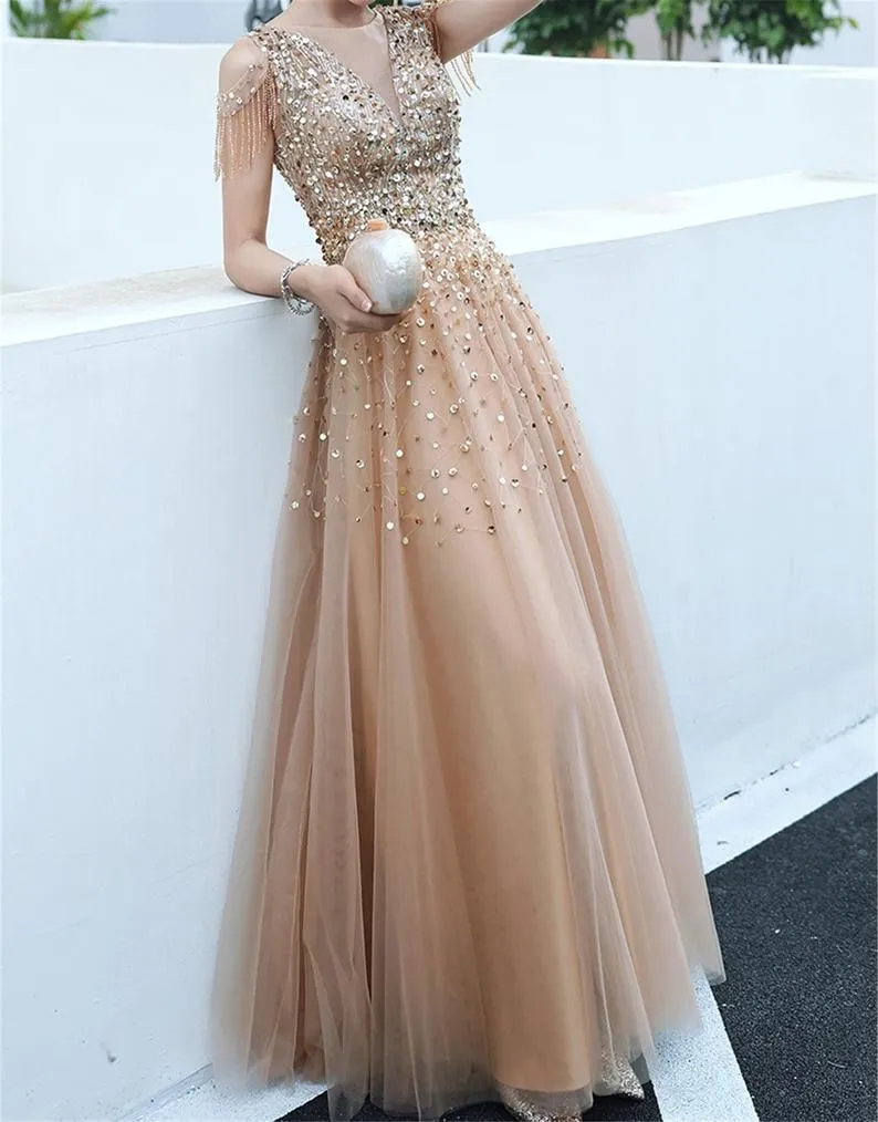 A-line Evening Dress Beading Prom Dress Formal Evening Gown Sparkly