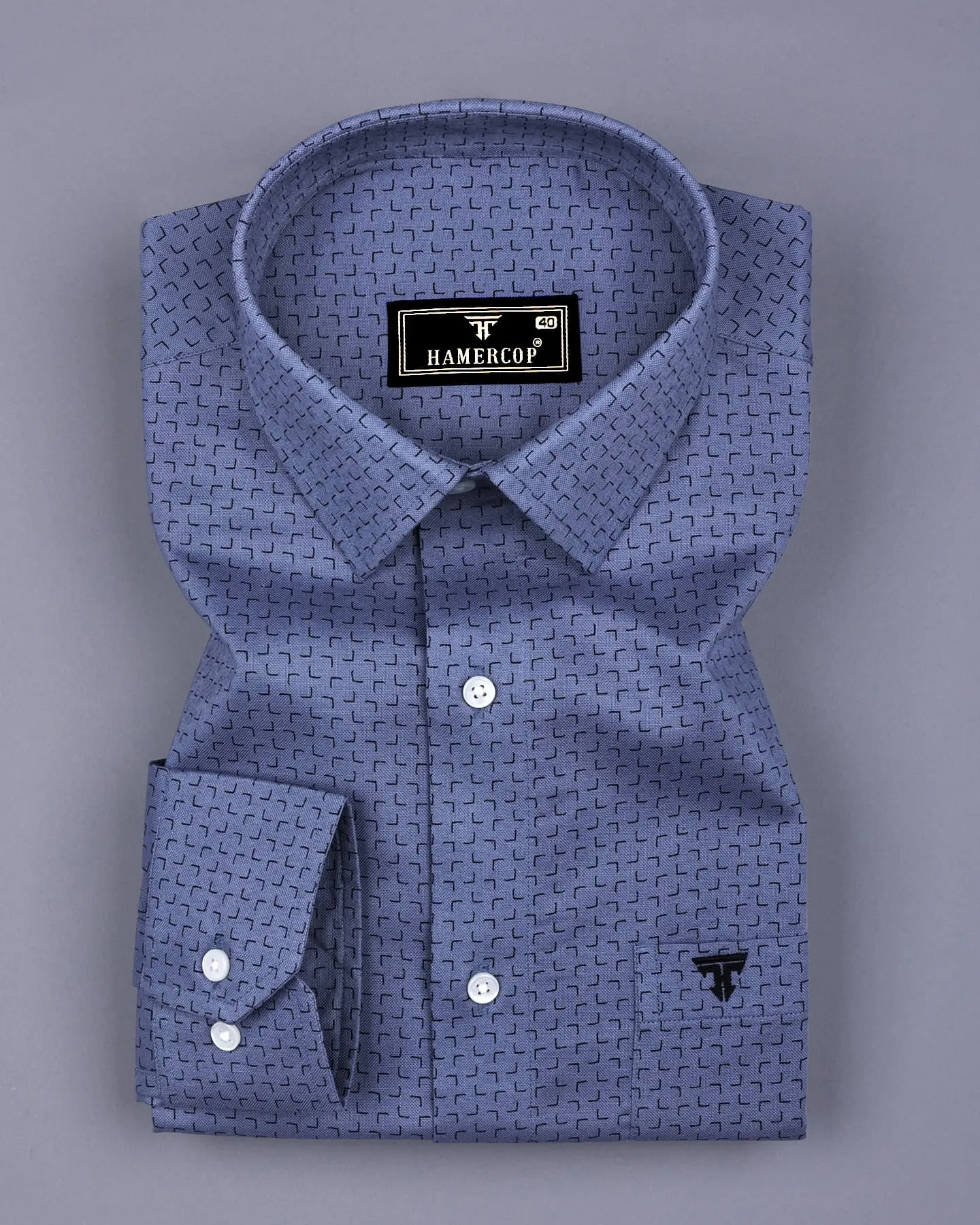 Belfort Gray With Black Printed Oxford Cotton Formal Shirt