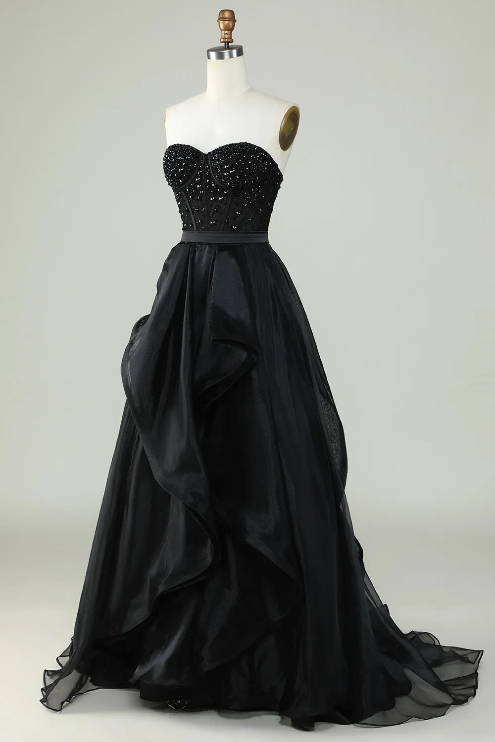Black Princess A Line Sweetheart Strapless Formal Evening Dress Off Shoulder Sparkly