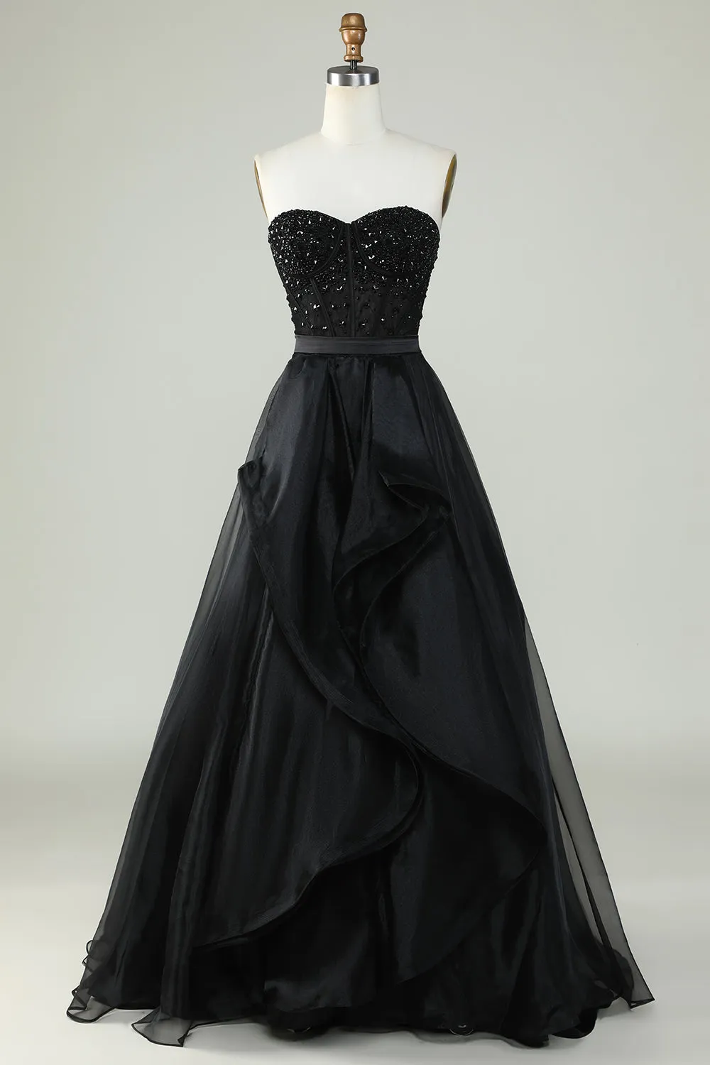 Black Princess A Line Sweetheart Strapless Formal Evening Dress Off Shoulder Sparkly