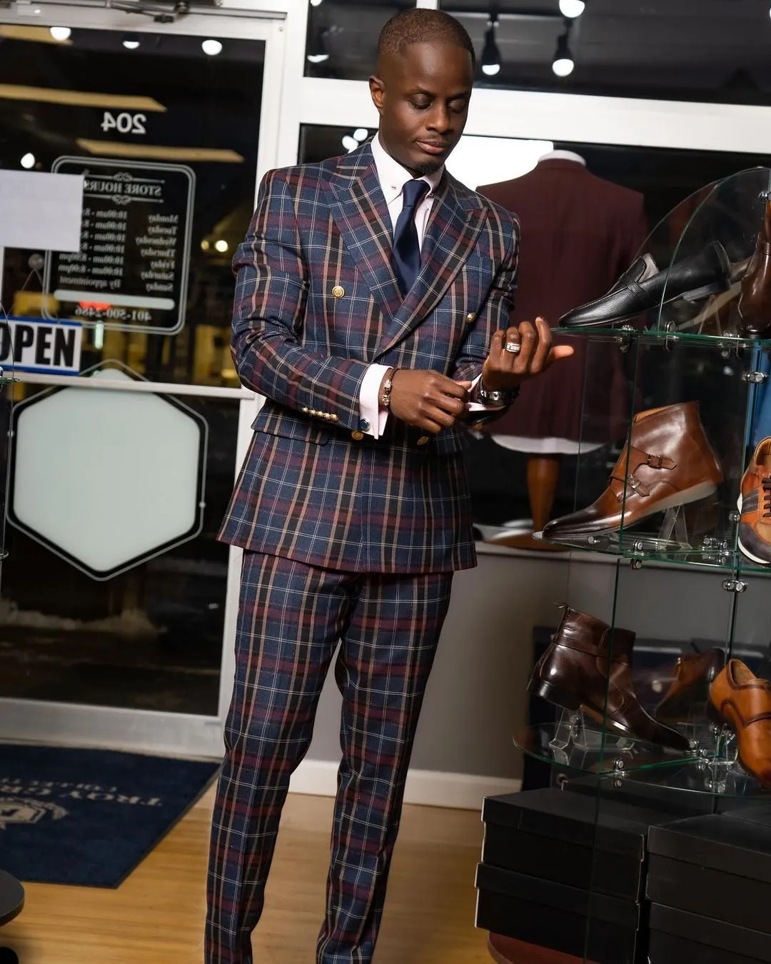 Casual Men Suits Grid Pattern Two Button Two Pieces Jacket With Pants
