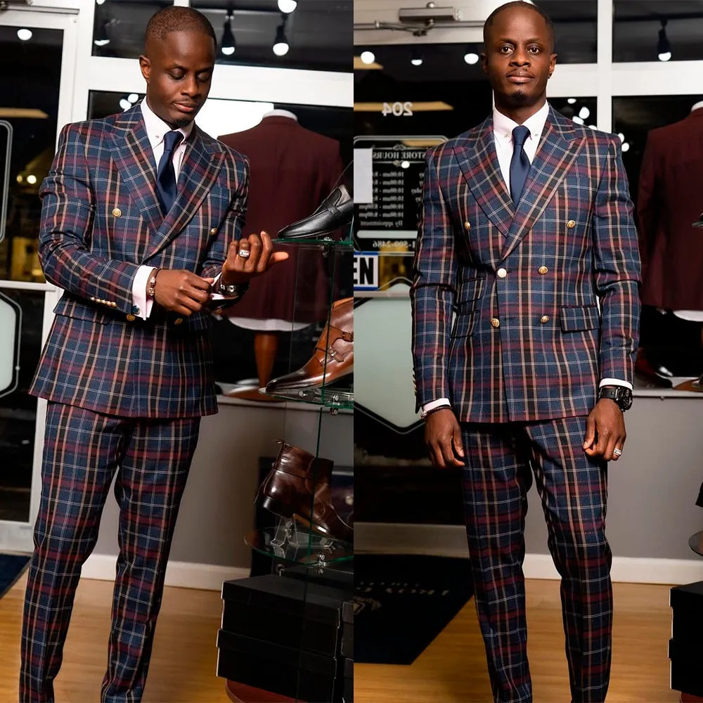 Casual Men Suits Grid Pattern Two Button Two Pieces Jacket With Pants