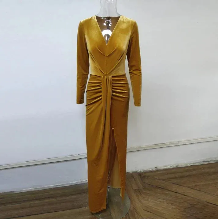 Dress Prom Dress Stores Sexy V-Neck Long Sleeve Split Velvet Formal Prom Dress Formal Dresses
