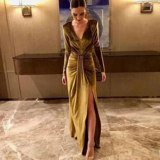 Dress Prom Dress Stores Sexy V-Neck Long Sleeve Split Velvet Formal Prom Dress Formal Dresses