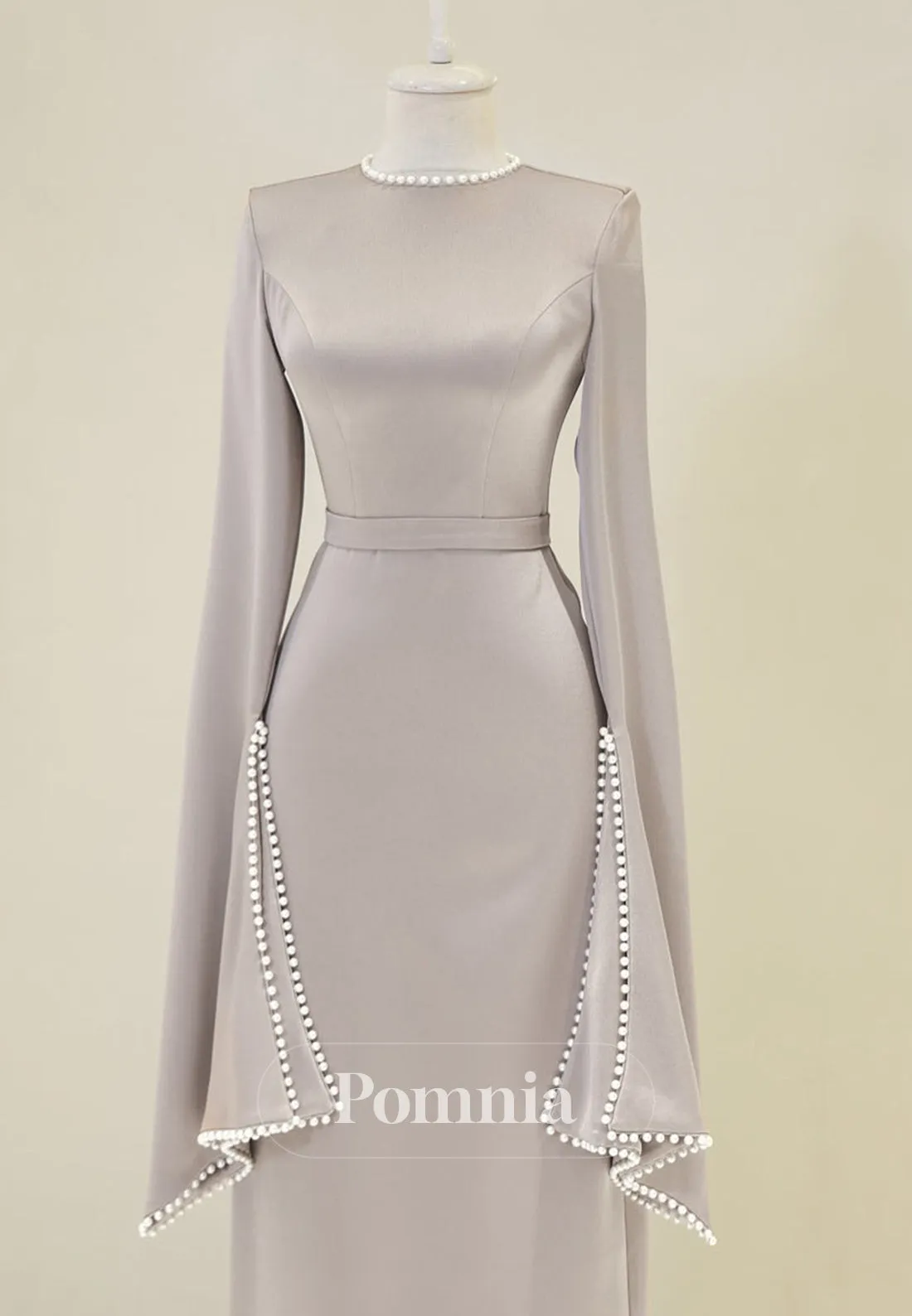 Elegant Long Sleeves Scoop Empire-Waist Pearls Satin Formal Dress
