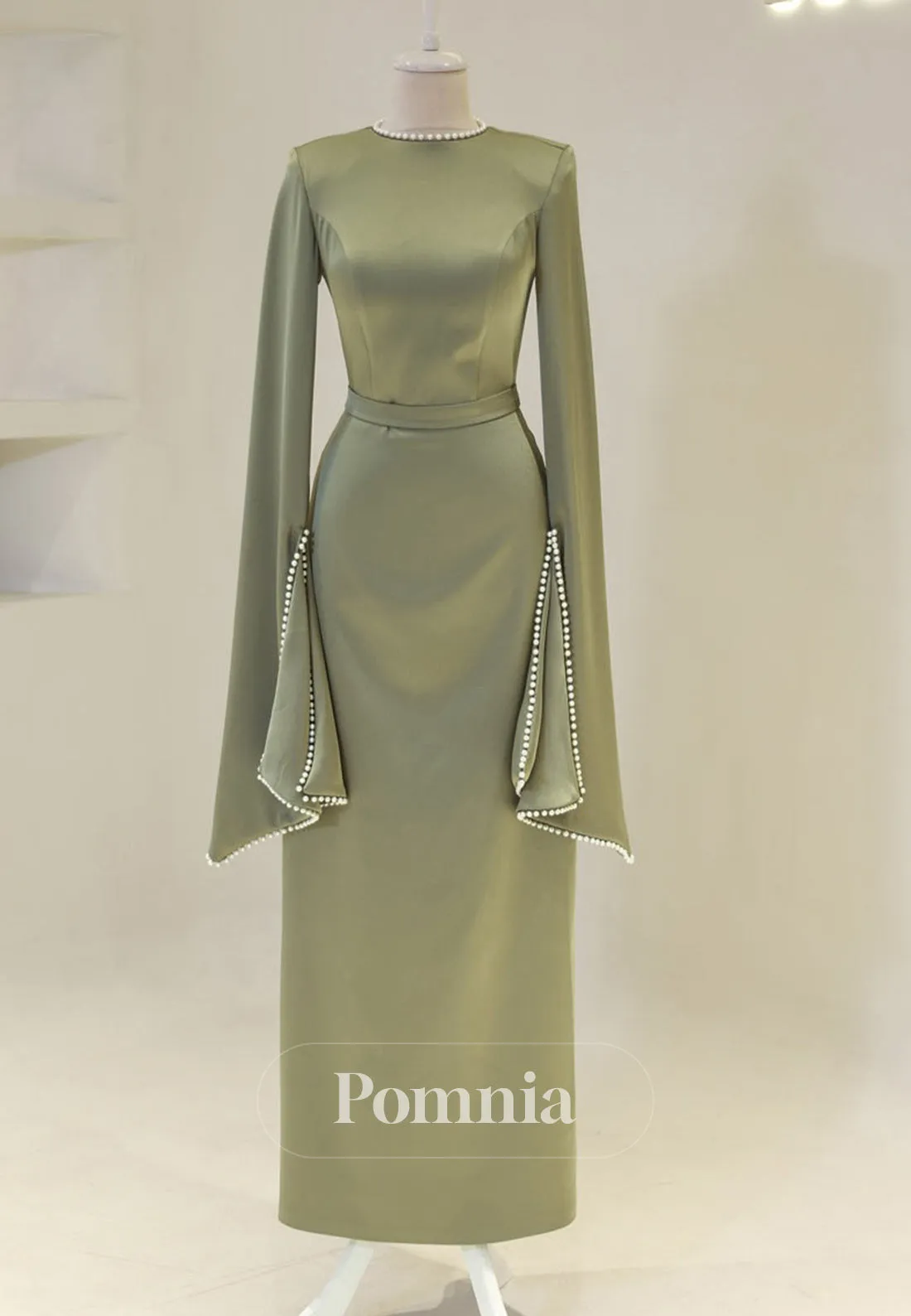 Elegant Long Sleeves Scoop Empire-Waist Pearls Satin Formal Dress