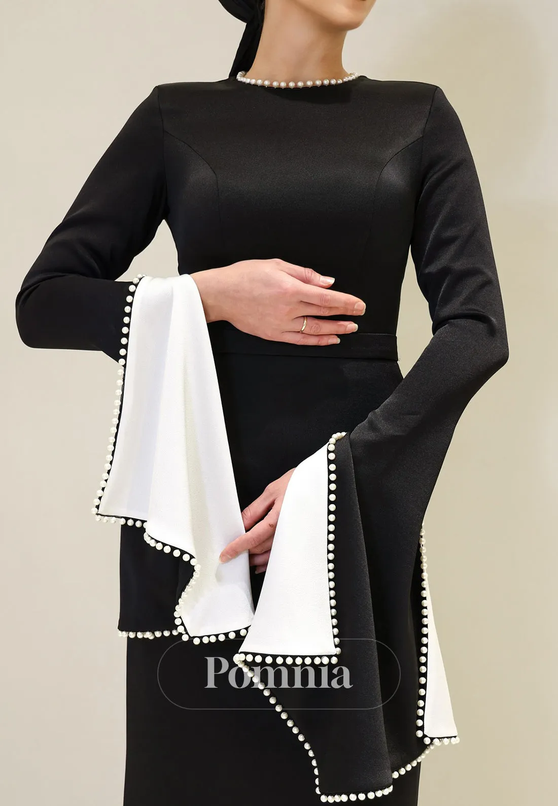 Elegant Long Sleeves Scoop Empire-Waist Pearls Satin Formal Dress