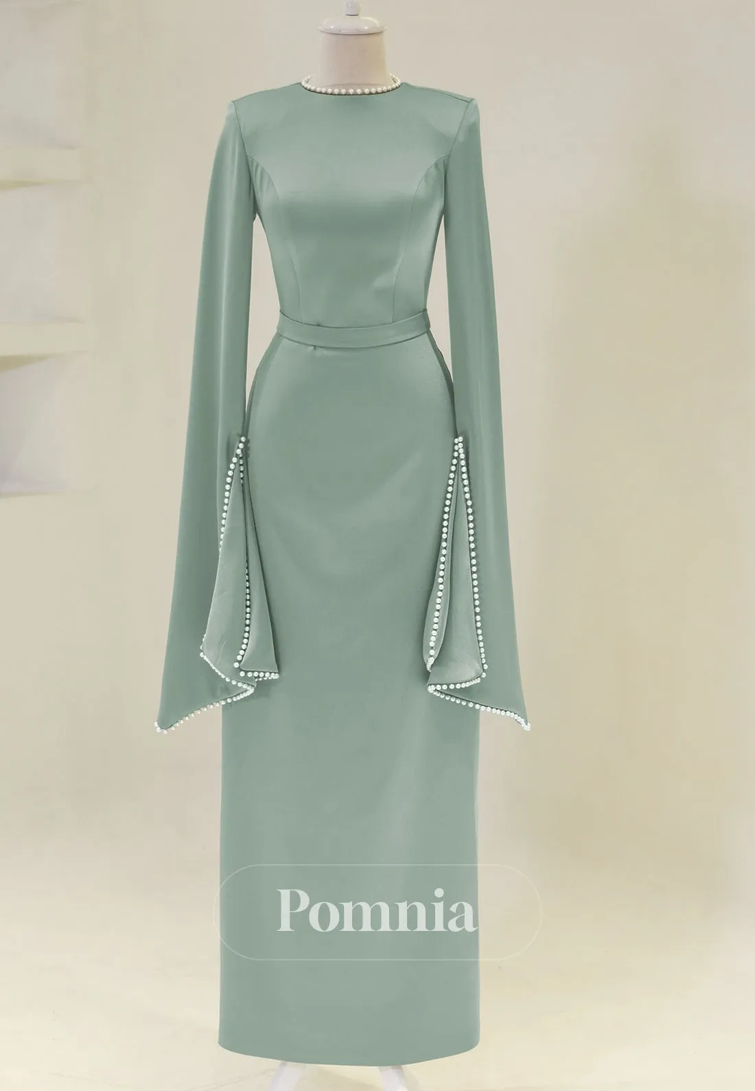 Elegant Long Sleeves Scoop Empire-Waist Pearls Satin Formal Dress