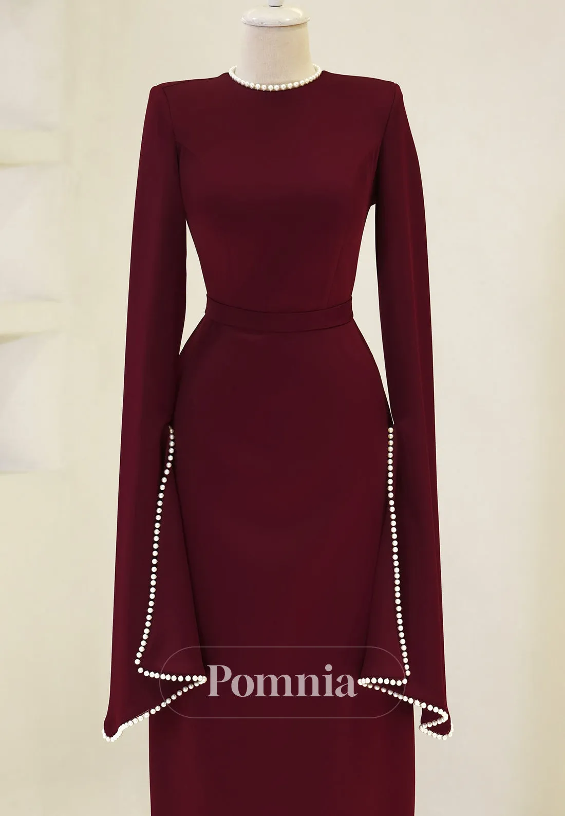 Elegant Long Sleeves Scoop Empire-Waist Pearls Satin Formal Dress