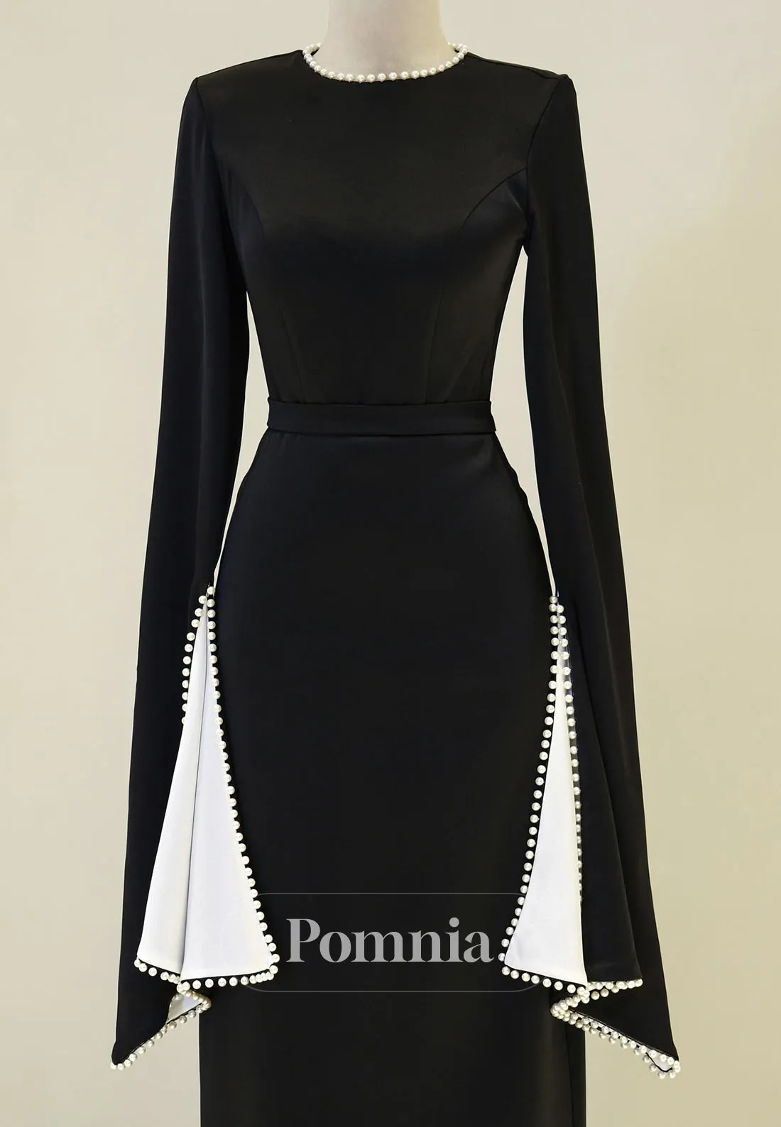 Elegant Long Sleeves Scoop Empire-Waist Pearls Satin Formal Dress