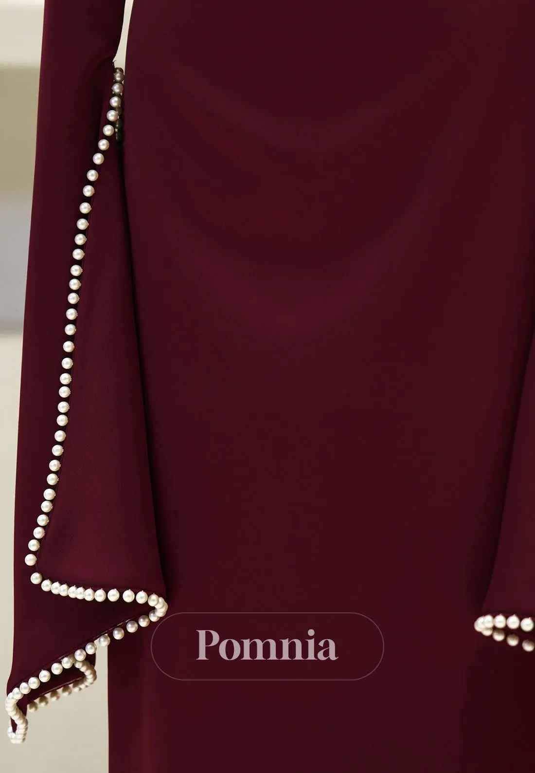 Elegant Long Sleeves Scoop Empire-Waist Pearls Satin Formal Dress