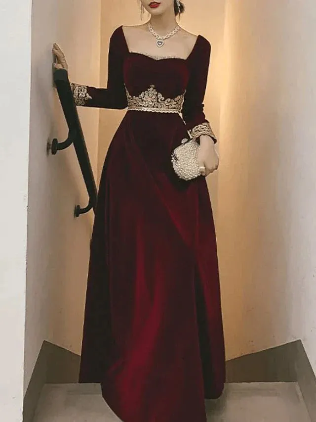 Formal Women's Dresses A-Line Vintage Formal Velvet Evening Dress with Appliques Long Sleeve Dinner Dresses Prom Clothing