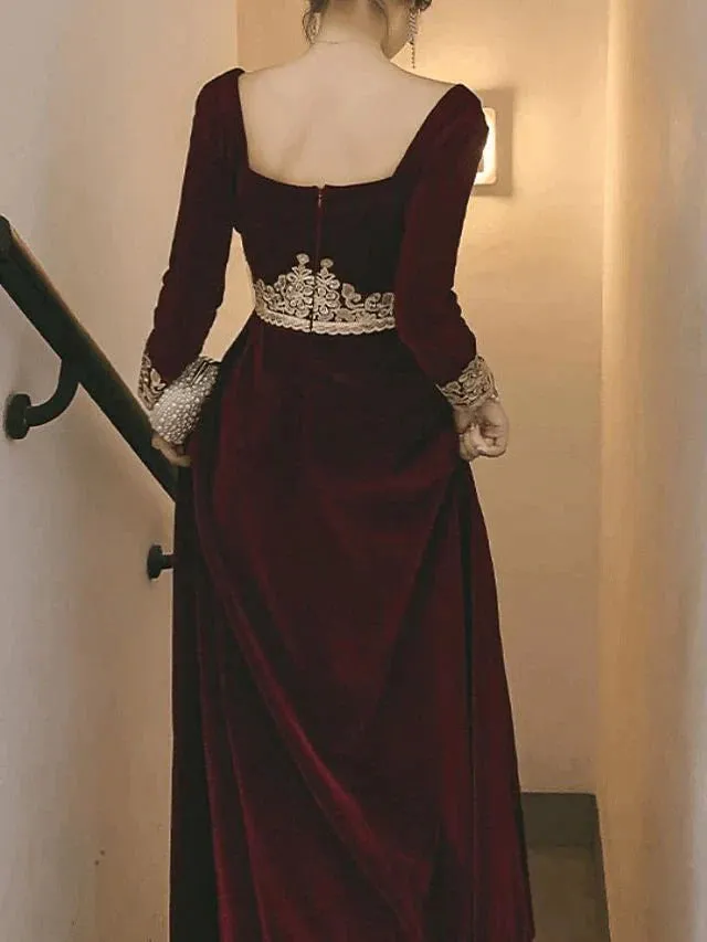 Formal Women's Dresses A-Line Vintage Formal Velvet Evening Dress with Appliques Long Sleeve Dinner Dresses Prom Clothing