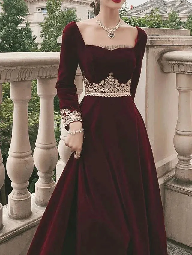 Formal Women's Dresses A-Line Vintage Formal Velvet Evening Dress with Appliques Long Sleeve Dinner Dresses Prom Clothing