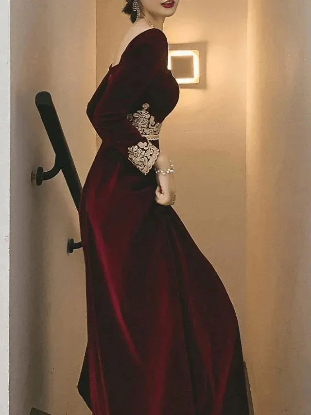Formal Women's Dresses A-Line Vintage Formal Velvet Evening Dress with Appliques Long Sleeve Dinner Dresses Prom Clothing