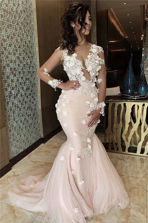 Formal Women's Dresses Appliques Mermaid Lace Prom Dresses V-neck Formal Gowns Prom Clothing