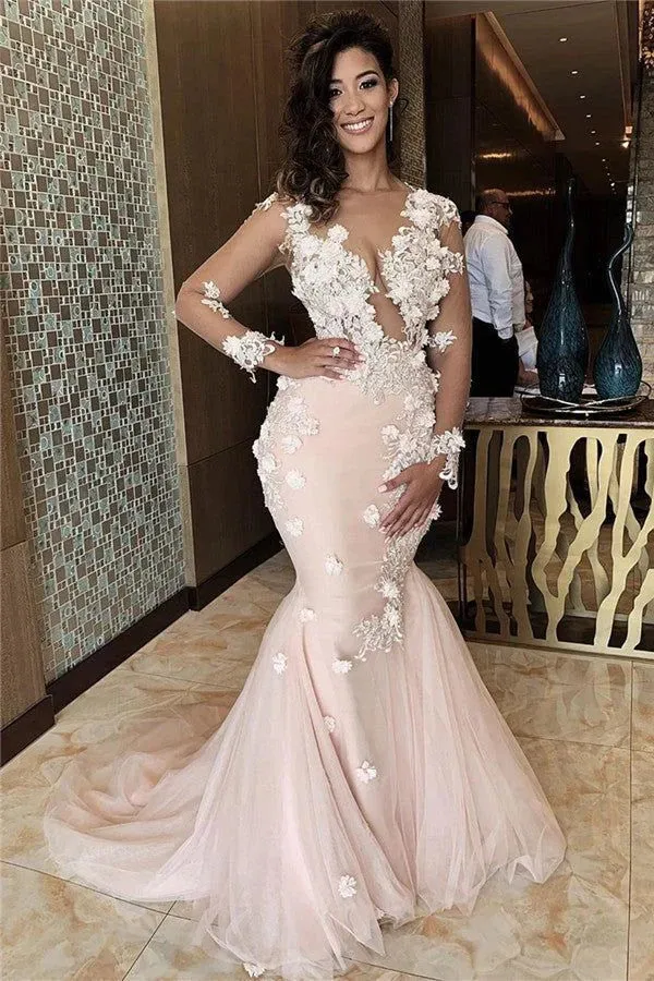 Formal Women's Dresses Appliques Mermaid Lace Prom Dresses V-neck Formal Gowns Prom Clothing