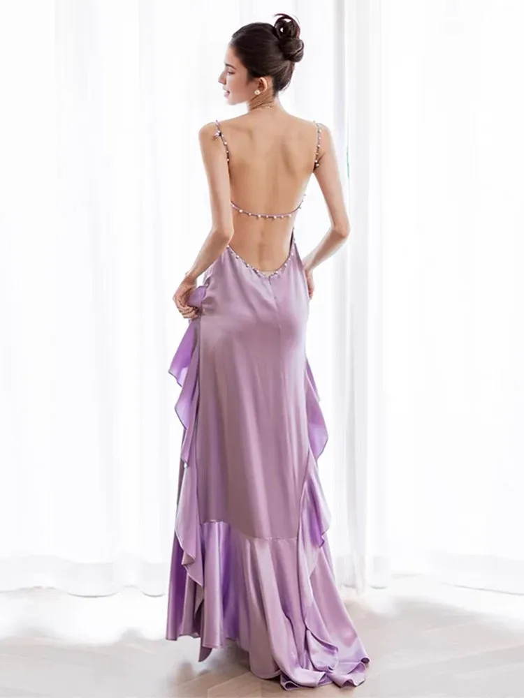 Formal Women's Dresses Backless A Line Ruffle Long Prom Dress Purple Formal Evening Gown Prom Dress Store