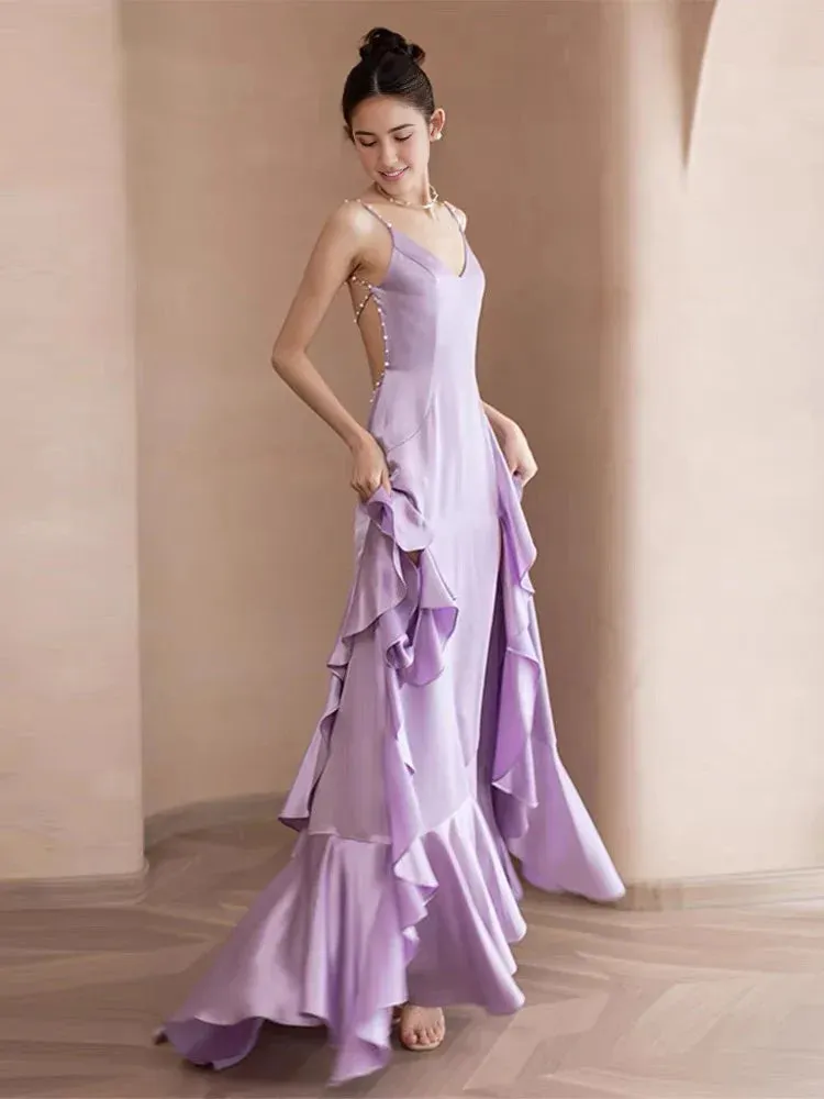 Formal Women's Dresses Backless A Line Ruffle Long Prom Dress Purple Formal Evening Gown Prom Dress Store