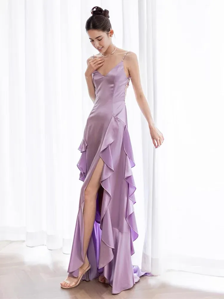 Formal Women's Dresses Backless A Line Ruffle Long Prom Dress Purple Formal Evening Gown Prom Dress Store
