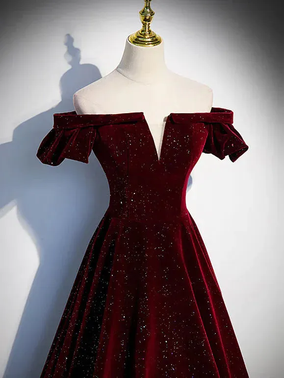 Formal Women's Dresses Burgundy Shiny Velvet A-Line Off Shoulder Long Prom Dress Formal Party Dress Prom Dresses Stores