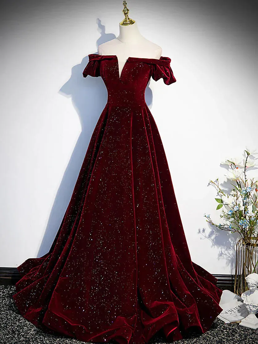 Formal Women's Dresses Burgundy Shiny Velvet A-Line Off Shoulder Long Prom Dress Formal Party Dress Prom Dresses Stores
