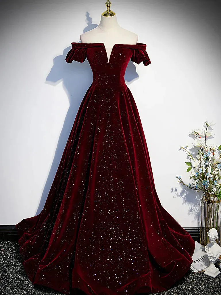Formal Women's Dresses Burgundy Shiny Velvet A-Line Off Shoulder Long Prom Dress Formal Party Dress Prom Dresses Stores