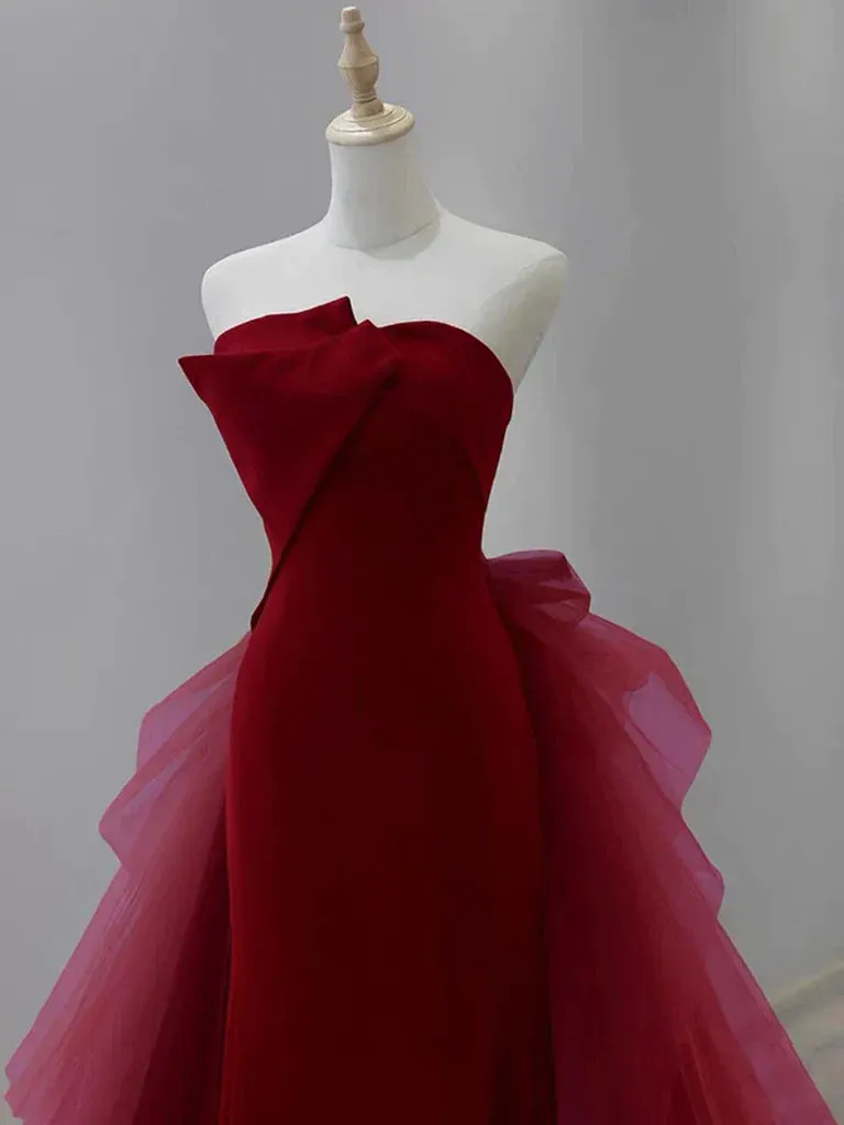 Formal Women's Dresses Burgundy Strapless Mermaid Tulle Formal Prom Dress Prom Dress Stores