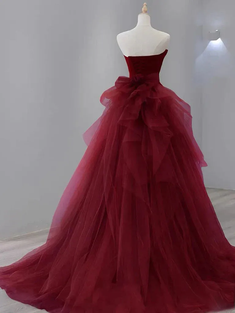 Formal Women's Dresses Burgundy Strapless Mermaid Tulle Formal Prom Dress Prom Dress Stores