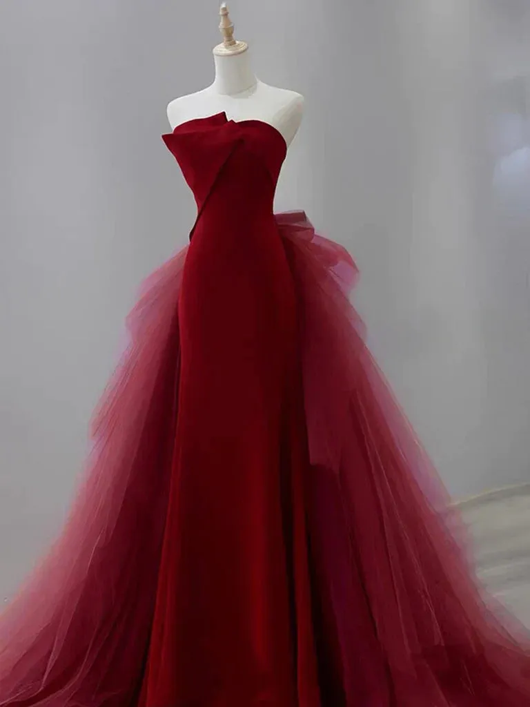Formal Women's Dresses Burgundy Strapless Mermaid Tulle Formal Prom Dress Prom Dress Stores