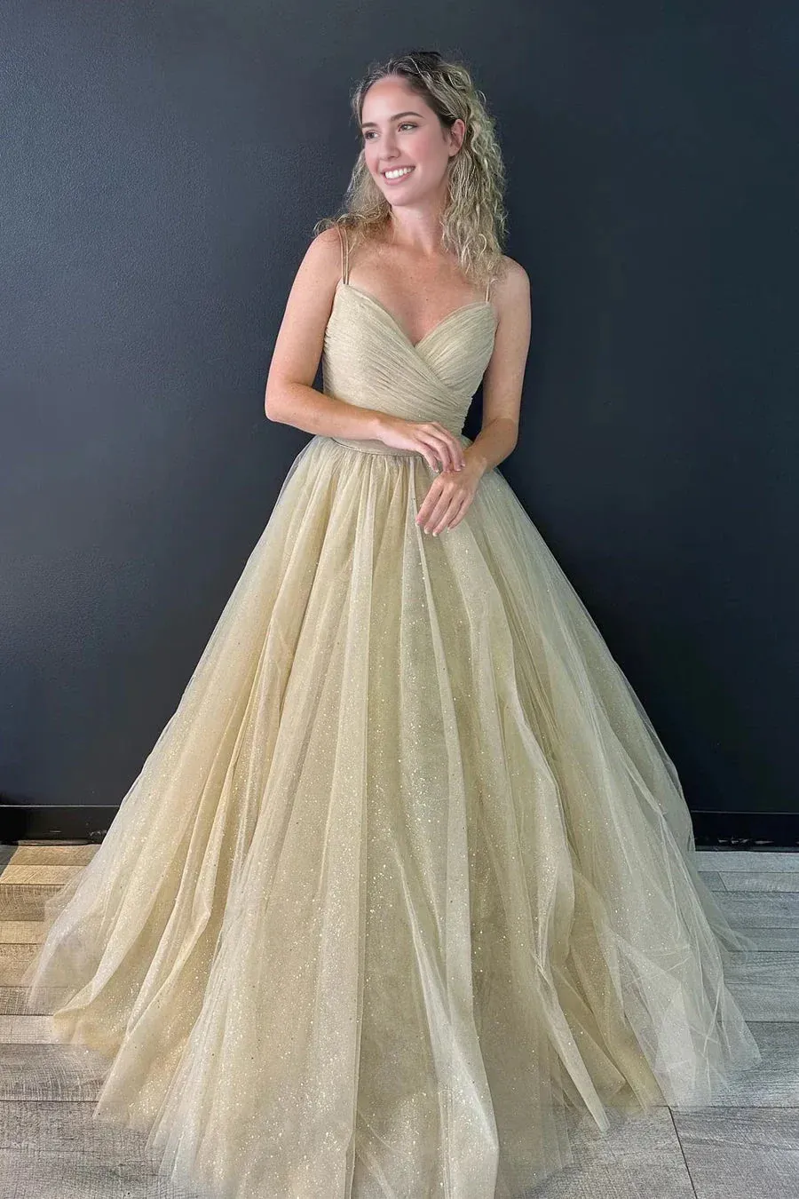 Formal Women's Dresses Champagne Shiny A-Line V Neck Prom Dress Lace-Up Long Formal Gown Prom Clothing