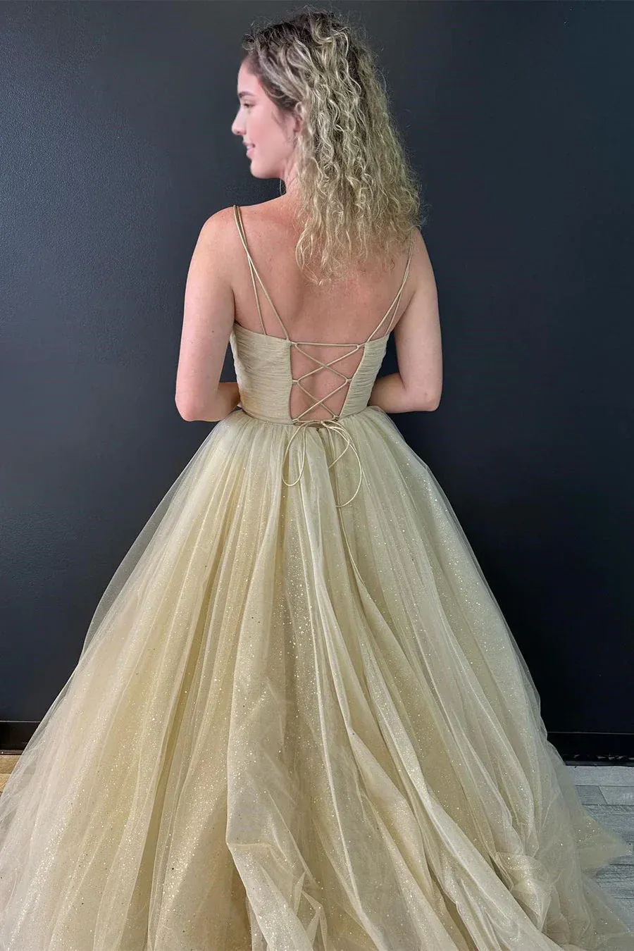 Formal Women's Dresses Champagne Shiny A-Line V Neck Prom Dress Lace-Up Long Formal Gown Prom Clothing