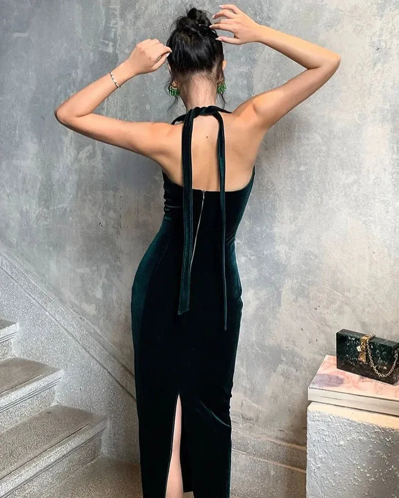 Formal Women's Dresses Dark Green Halter Velvet Prom Dress Formal Party Dress Prom Dress Stores