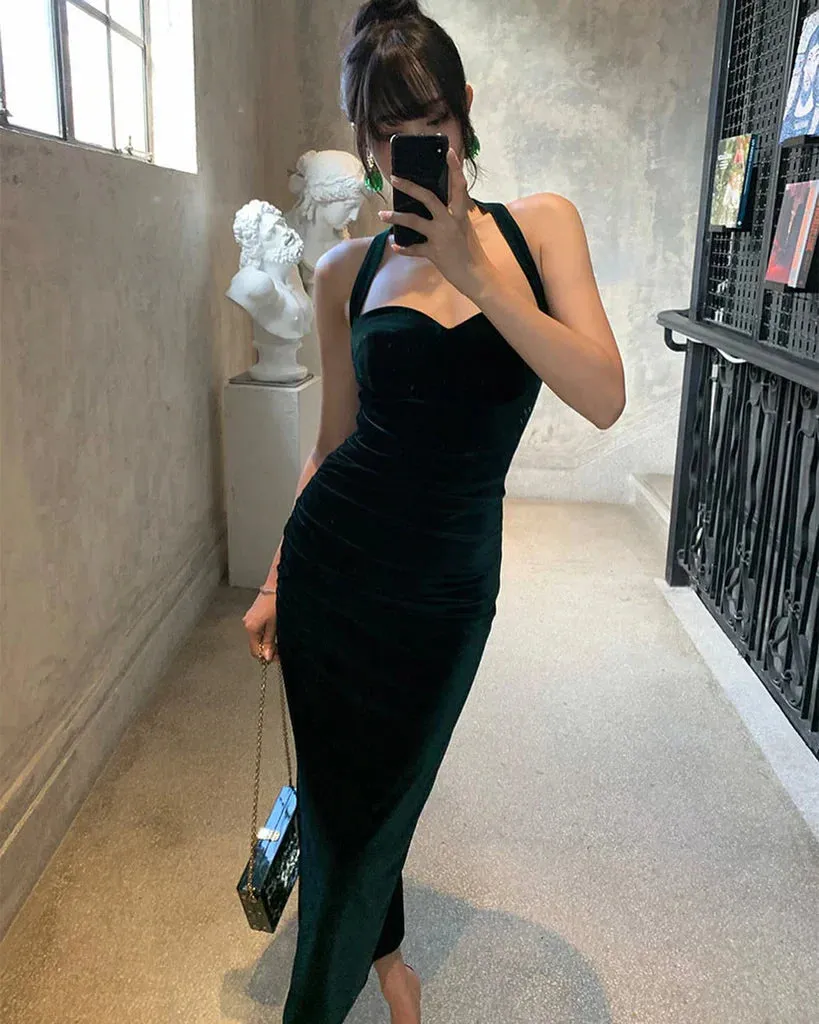 Formal Women's Dresses Dark Green Halter Velvet Prom Dress Formal Party Dress Prom Dress Stores