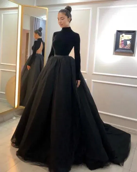 Formal Women's Dresses Elegant Black A-Line Long Sleeve Formal Evening Dress Long Prom Dress Prom Dresses Stores