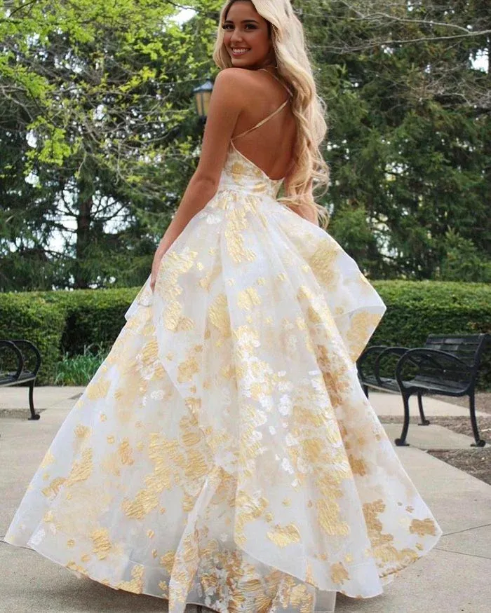 Formal Women's Dresses Gold Spaghetti Straps Sequin Ruffled Formal Dress Long Prom Dress Prom Dresses Stores