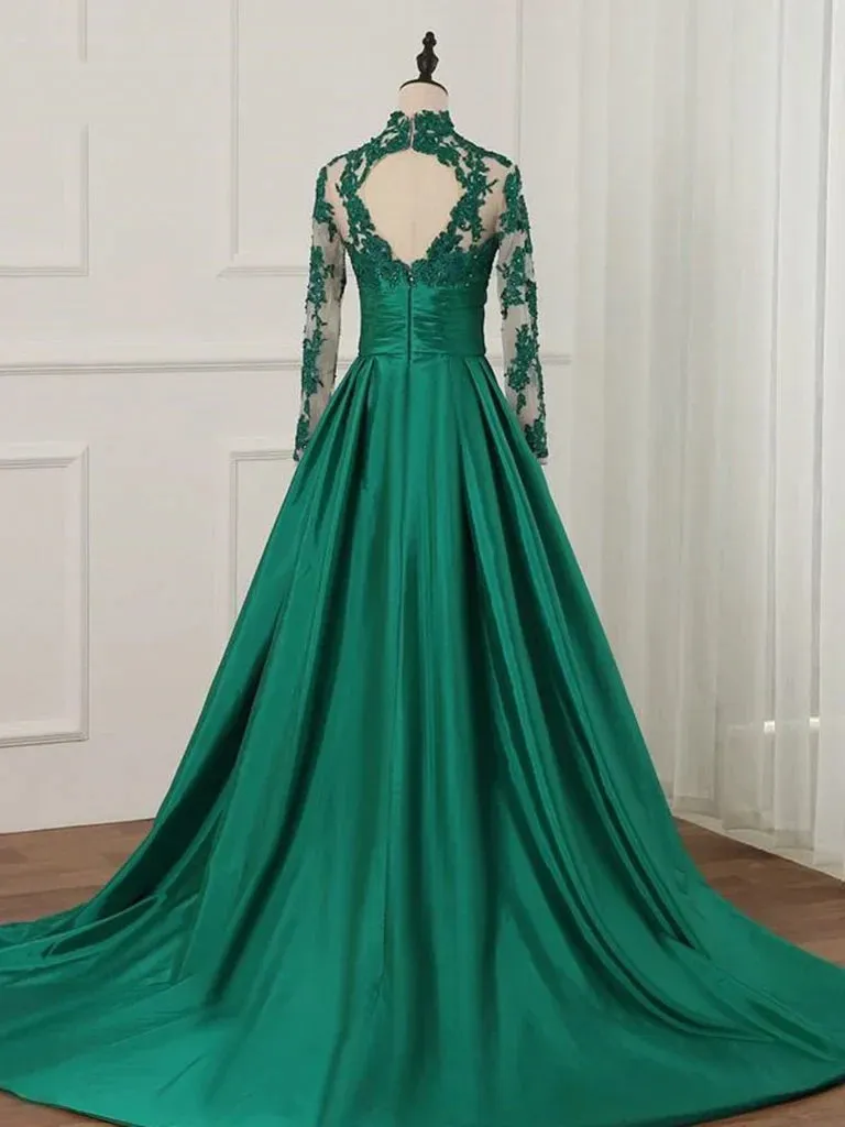 Formal Women's Dresses Green A-Line Long Sleeves High Neck Lace Prom Dress Formal Dress Prom Dress Stores