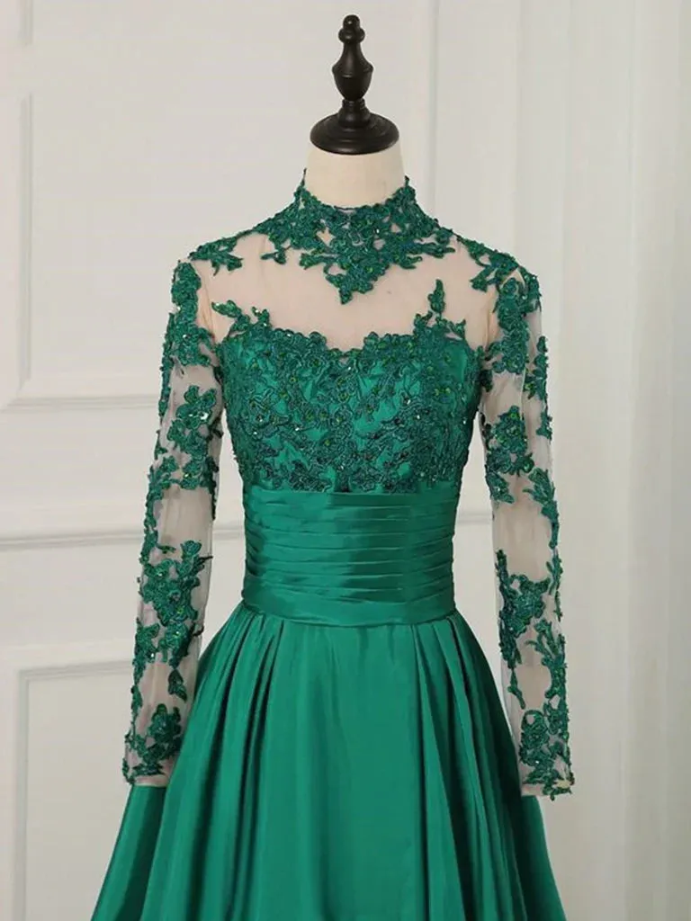 Formal Women's Dresses Green A-Line Long Sleeves High Neck Lace Prom Dress Formal Dress Prom Dress Stores