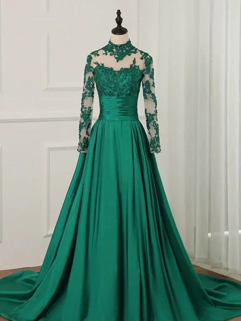 Formal Women's Dresses Green A-Line Long Sleeves High Neck Lace Prom Dress Formal Dress Prom Dress Stores