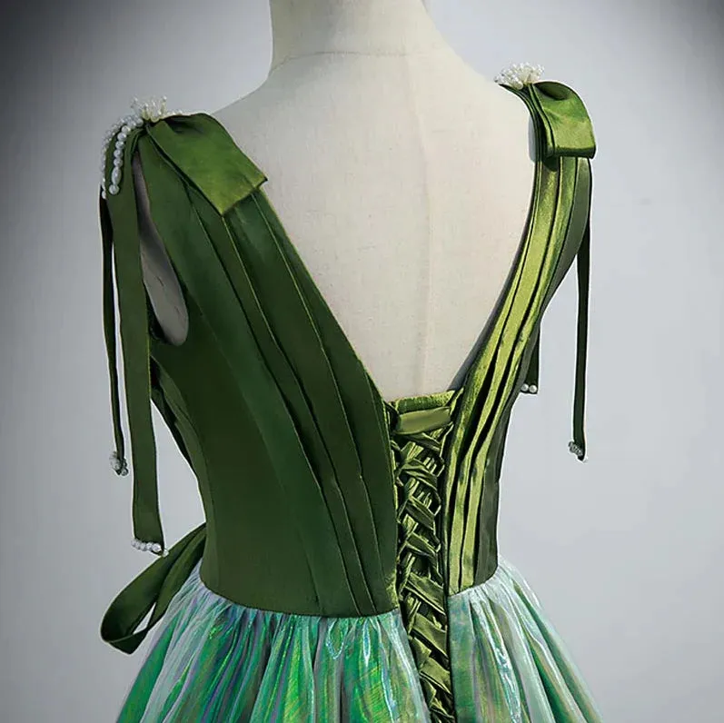 Formal Women's Dresses Green Deep V-neck Elegant Ruched A-line Lace Up Party Formal Gown Prom Dress Stores