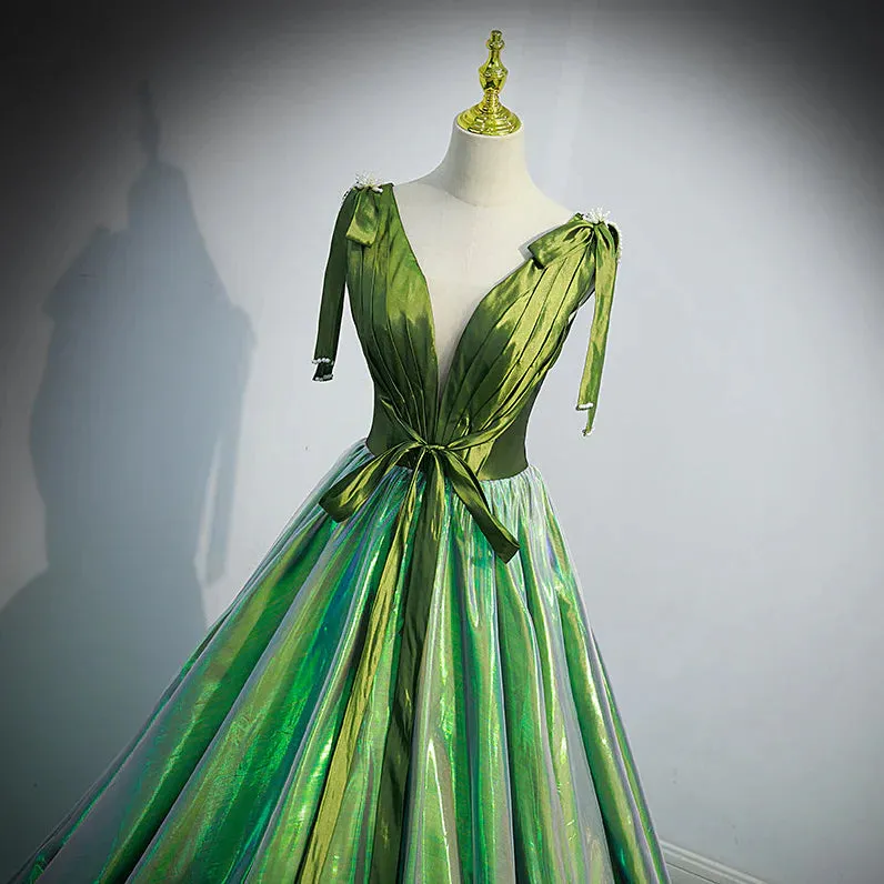 Formal Women's Dresses Green Deep V-neck Elegant Ruched A-line Lace Up Party Formal Gown Prom Dress Stores
