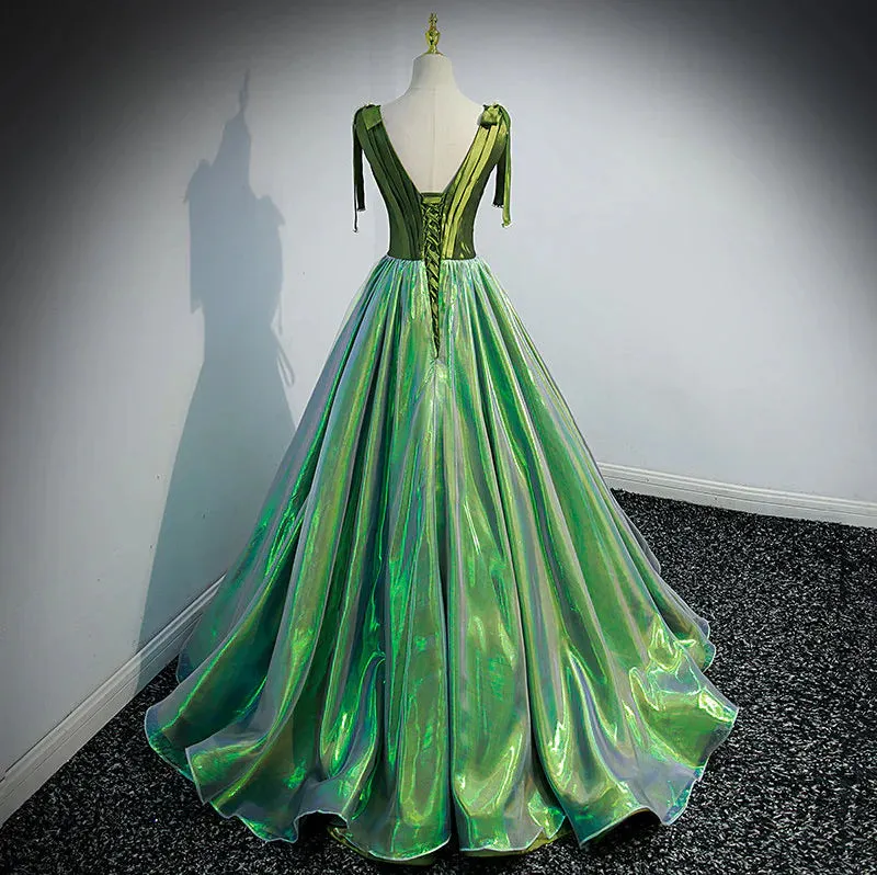 Formal Women's Dresses Green Deep V-neck Elegant Ruched A-line Lace Up Party Formal Gown Prom Dress Stores