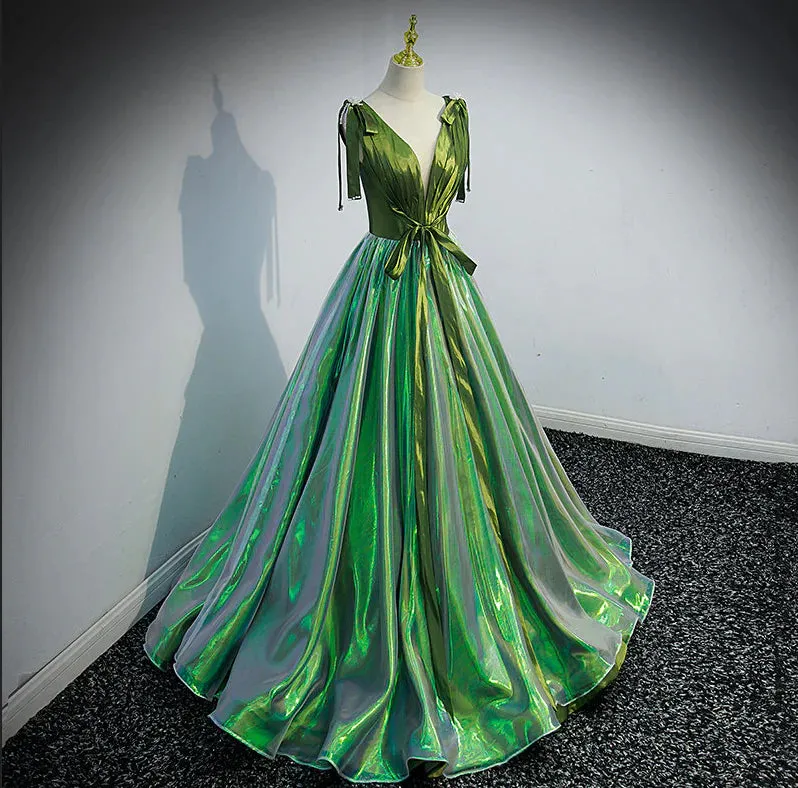 Formal Women's Dresses Green Deep V-neck Elegant Ruched A-line Lace Up Party Formal Gown Prom Dress Stores