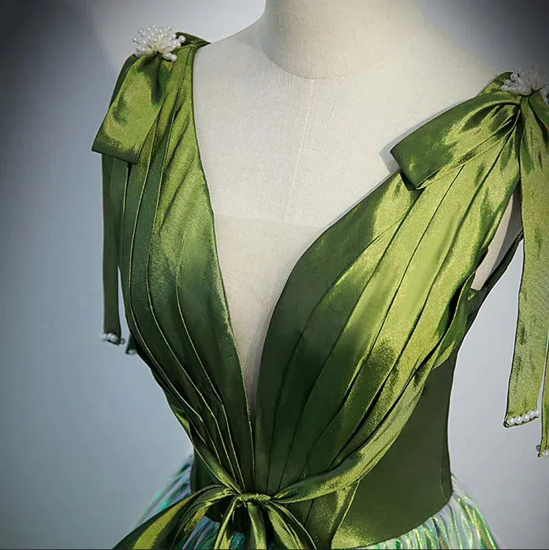 Formal Women's Dresses Green Deep V-neck Elegant Ruched A-line Lace Up Party Formal Gown Prom Dress Stores