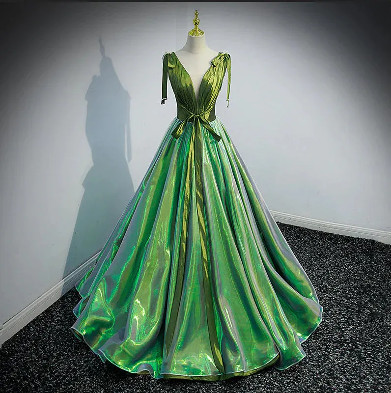 Formal Women's Dresses Green Deep V-neck Elegant Ruched A-line Lace Up Party Formal Gown Prom Dress Stores