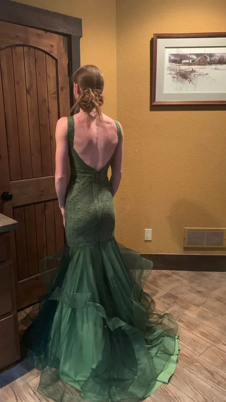 Formal Women's Dresses Green Mermaid Tulle Straps Backless Long Prom Formal Party Dress Prom Clothing