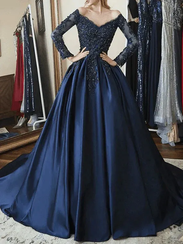 Formal Women's Dresses Navy Blue Off Shoulder Long Sleeves A-line Applique Formal Prom Dress Prom Dress Stores