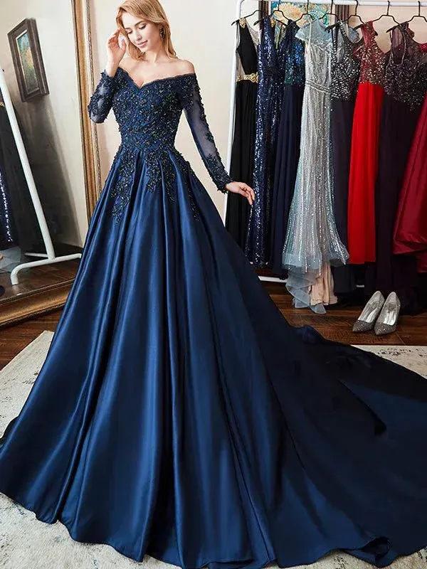 Formal Women's Dresses Navy Blue Off Shoulder Long Sleeves A-line Applique Formal Prom Dress Prom Dress Stores