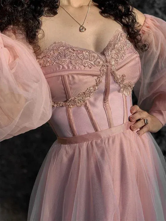 Formal Women's Dresses Pink A-Line Off Shoulder Tulle Long Prom Dress Formal Party Dress Prom Clothing